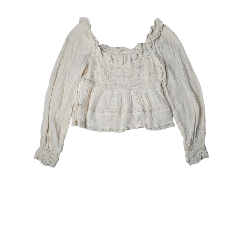 American Eagle Cream Smocked Peasant Top Ruffle Lace Long Sleeve Small